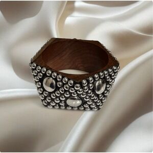 Artisan Studded Wood Statement Bangle Silver Stud Inlay Boho Luxe Cuff Bracelet